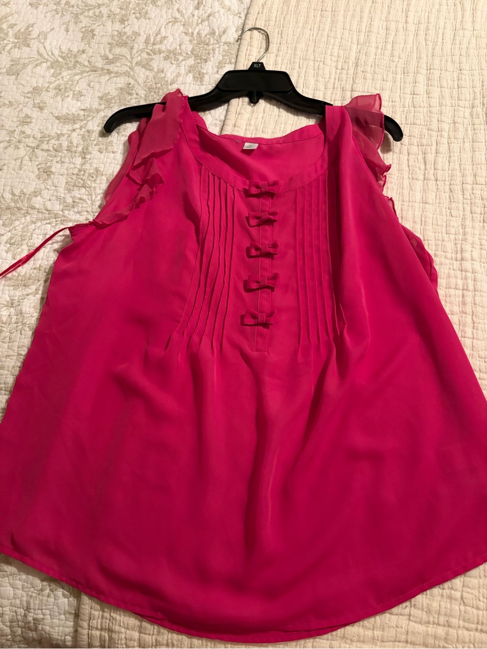 Sleeveless Ruffle Bow-Trim Blouse - Hot Pink